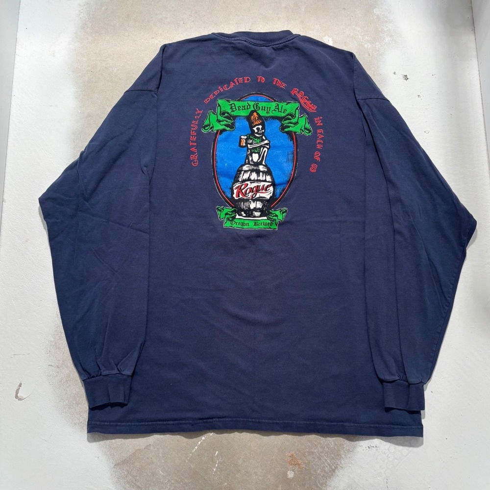 Vintage Rogue Dead Guy Ale Hanes Beefy-T Long Sleeve Shirt Navy Blue XL